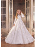 Long Sleeves Beaded Ivory Floral Lace Tulle Sparkly Flower Girl Dress Long Sleeves Beaded Ivory Floral Lace Tulle Sparkly Flower Girl Dress